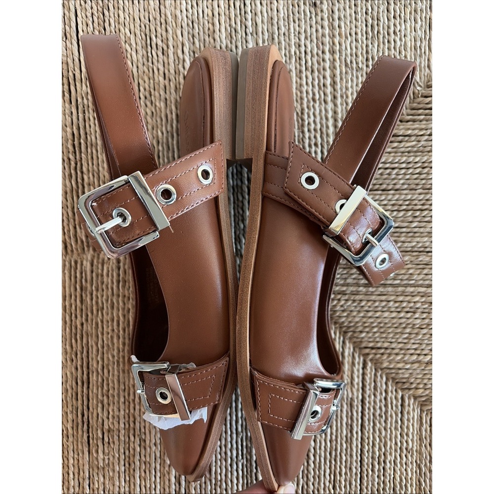 Quince Shoes Women 8 Italian Leather Bold Buckle Slingback Flat Cognac Luxury - Picture 6 of 8